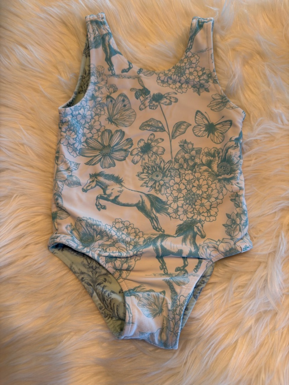 GUC 3T Posh Peanut Blue Horses Floral Charlotte Anne Reversible 1-Piece Swimsuit